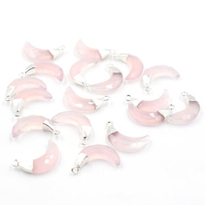 Rose Quartz 16 to 18 MM Faceted Brass Pendant Moon Shape Silver Plated Pendant with Bail For Jewellery Making - Product Image 4