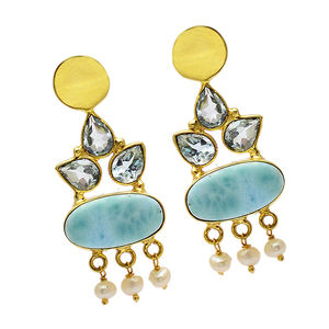 CASA DE PLATA Boucles d'oreilles chandelier en argent sterling 925 faites à la main véritable topaze Larimar perle pierre précieuse plaqué or grossiste - Product Image 2