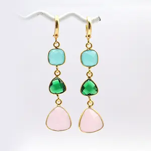 Handmade chalcedony & emerald quartz gemstone earrings gold plated hoop style bezel set earring pairs long dangle drop earrings