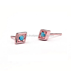 Boucles d'oreilles de mariage en or jaune 14K véritable turquoise avec pierres précieuses Bijoux fins - Product Image 3