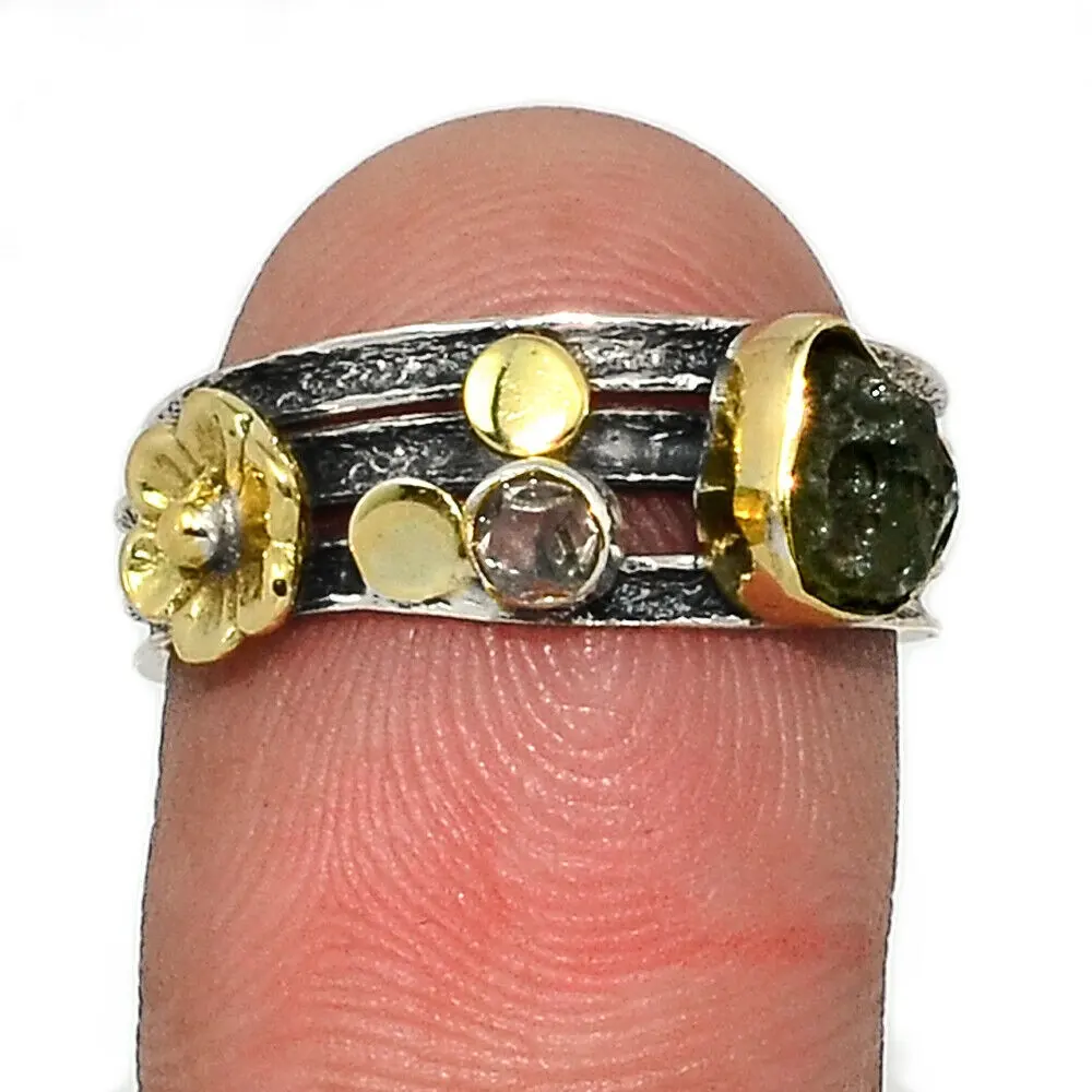 แหวนปรับสมาธิสองโทนสีเงิน925,แหวนเช็ก Moldavite แท้สำหรับผู้หญิงแหวนวินเทจ Gemmstotne