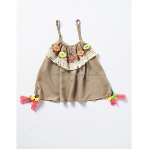 Boutique Kids Hand Embroidery & Bead Embellishment Spaghetti Strap Cute Girls Mini Dress With Fringe Lace & Tassel Pom Pom Decor - Product Image 1