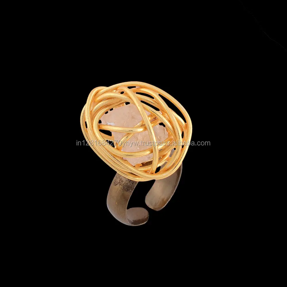 Wired Rose Quartz Rough Fashion 24k Gold Plated Adjustable Gemstone Ring Wholesale