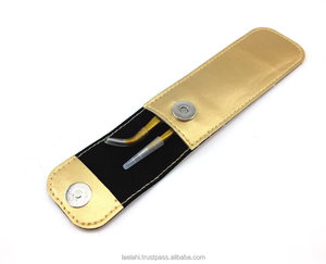 Meilleure vente ENSEMBLE de 2 pinces à épiler d'extension de cils dorés à pointe droite en acier inoxydable avec pochette - Product Image 3