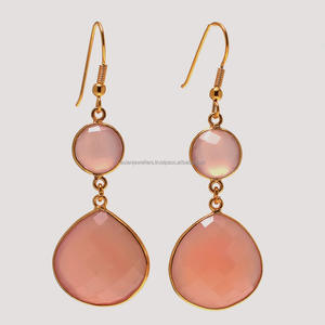 Boucles d'oreilles pendantes en argent sterling 925 calcédoine rose plaqué or vermeil Style tendance pour les mariages, les fêtes et les cadeaux - Product Image 1
