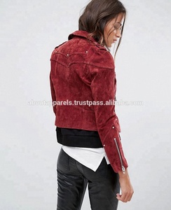 Chaqueta y abrigos de moto de cuero de ante genuino para mujer, chaqueta de motociclista de gamuza personalizada, color rojo, nuevo estilo - Product Image 2