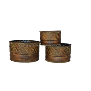 Juego de 3 macetas en relieve de forma redonda con mango lateral maceta de hierro de Metal de alta calidad para la decoración del suelo del hogar - Product Image 1