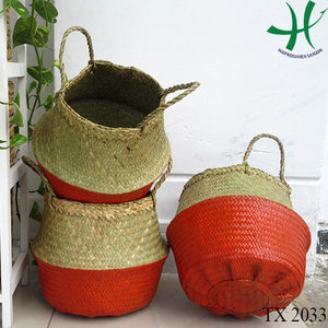 Handmade Woven <b>Seagrass</b> Belly <b>Basket</b> with Handles Customizable Color Bamboo <b>Storage</b> for Home Laundry Decorative Planting <b>Basket</b> - Product Image 4