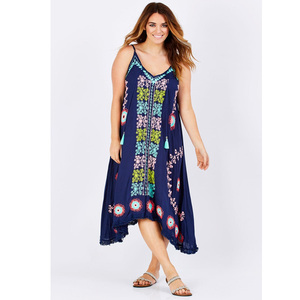 Robe longue décontractée de qualité supérieure à col en V, broderie Aari, ourlet asymétrique, bretelles, décoration en dentelle, style bohème, coupe trapèze, 6XL, pour la plage - Product Image 1