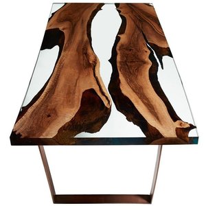 Table à manger en bois massif style industriel, résine époxy Antique, jambe métallique - Product Image 3