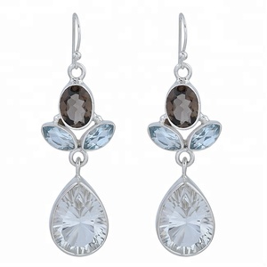 Véritable cristal de quartz bleu topaze pierre précieuse en argent sterling 925 massif Boucles d'oreilles pendantes à la mode Bijoux faits main - Product Image 1