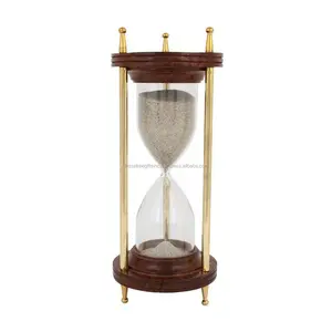 Metal Wood & Glass Sand Timer With Natural Wood Polish & Gold Plating Finishing Round Shape For Measuring The Time