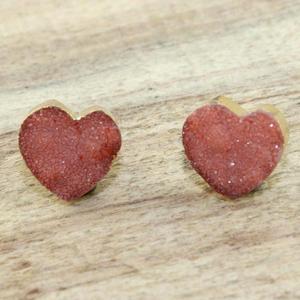 Heart Shape Natural Sugar Druzy Stud Solid Brass Gold Electroplated Edged <b>Handmade</b> Minimalist Crystal Druzy Small Pair <b>Earring</b> - Product Image 5