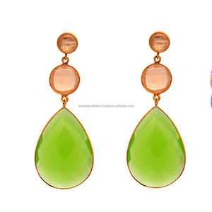 Pendientes de gota de Plata de Ley 925 con peridoto cuarzo melocotón Calcedonia gemas oro vermeil para bodas fiestas o regalos - Product Image 1