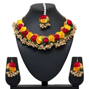 Collier multi-couleurs Rose florale, boucle d'oreille et dyang Tikka, Imitation de perles, nouveau Design,