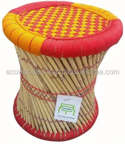 Traditional Indian Bamboo Cane Portable Multicolor Mudda Stool Midcentury Stool For Bedroom Balcony Garden Bone Inlay Console