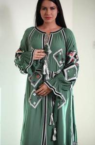 Mujeres árabes trajes tradicionales ucranianos para mujeres bordado hecho a mano en algodón verde Buho vestidos largos - Product Image 2