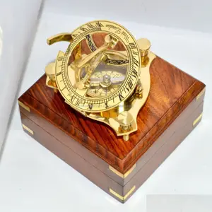 Calvin Handicraft Antique Compass Sundial Compass brass with wooden case Sundial Fashionable Stylish Antique CHCOM075