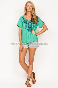 เสื้อเบลาส์คอตตอน100% ของผู้หญิงเสื้อเบลาส์ปักลายพื้นเมืองเก๋ไก๋ใส่สบายฤดูร้อน - Product Image 6