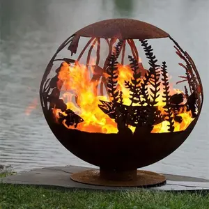 Hiện Đại Màu Đỏ Corten Thép Kim Loại Lá Lửa Pit Globe Đối Với Trang Trí Sân Vườn Corten Sphere