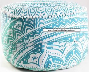Pouf Ottoman Rond Ombre Mandala Floral 22 pouces Repose-pieds fait à la main Pouf en coton vert Housse de siège Pouf Beau par des expéditeurs indiens - Product Image 3