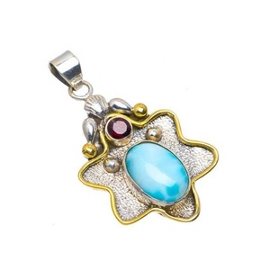 Deux tons Texture 925 Sterling Silver Larimar Grenat Multi Gemstone Pendentif Argent Fine Jewelry Pendentifs & Charms Fournisseur - Product Image 1
