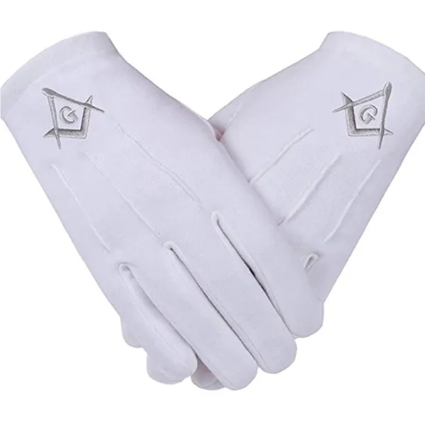 Masons Masonic Cotton Gloves Thin Square and Compass Machine Embroidered