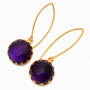 Cabujón redondo Amatista Piedra preciosa Chapado en oro 925 Plata Aro Oreja Pendientes de alambre Joyería Romántica Pendiente de moda para mujer. - Product Image 1