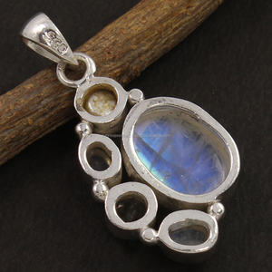 Prix de gros Bijoux Pierre de lune arc-en-ciel naturelle Pierre précieuse Pendentifs en argent sterling 925 Sertissage de lunette multi-pierres pour femmes - Product Image 2