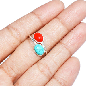 Surmontant rouge _ vert corail Turquoise en forme ovale bague en argent Sterling 925 bijoux en argent fin bijoux en argent frais - Product Image 4