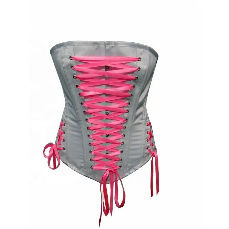 Corsé de satén gris Steelboned Overbust con cordones frontales de color rosa Vendedores de corsé de satén para fiestas y moda