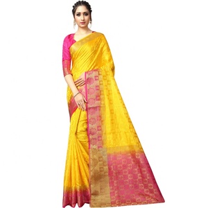 Sari de Seda Viscosa y Algodón Banarasi para Mujer, Tradicional de la India del Sur, para Bodas y Fiestas, con Trabajo Zari y Diseño Moderno - Product Image 1