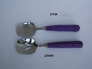 Ensemble de serveurs à salade en acier avec manche tressé, couverts faits à la main, cuillère à salade et fourchette à salade en acier - Product Image 4