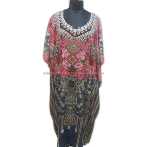 Kaftan musulmán tradicional estampado adornado con flores multicolores con diseño de cuello elegante 100% poliéster - Product Image 1