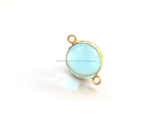 Belle pierre précieuse d'aigue-marine de forme ronde faite à la main avec des bijoux de connecteur de lunette à la mode de placage d'or pour elle - Product Image 4