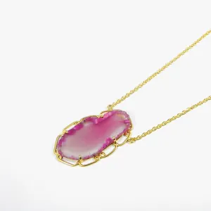 Pink brazil agate slice 925 sterling silver gold plated prong set 19" long chain necklace