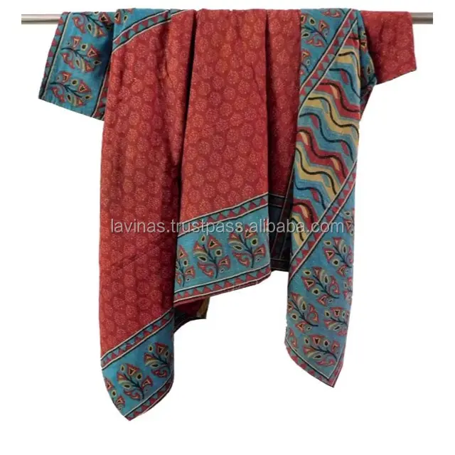 Vintage geri dönüşümlü etnik el yapımı kantha yorgan yatak örtüsü atmak sari battaniye dekoratif yatak örtüsü