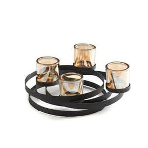 Porte-bougie à quatre miroirs avec verre, en fer métallique, noir - Product Image 1