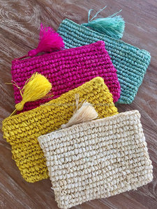 กระเป๋าคลัทช์ Raffia สี-กระเป๋า Raffia ขนาดเล็กพร้อมซิปและพู่ - Product Image 5