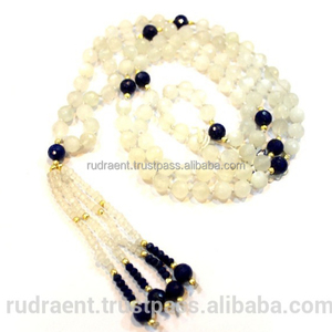 Collier de yoga en pierre de lune blanche et lapis-lazuli, fait à la main par un artiste indien, perles nouées, collier religieux pour femmes - Product Image 3
