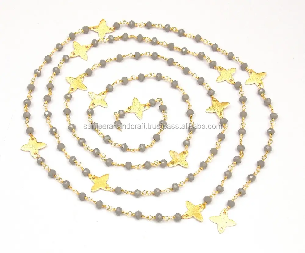 Grey Chalcedony Gemstone Jewelry Making Star Designs Charm Wire Wrapped Beaded Rosary Chain