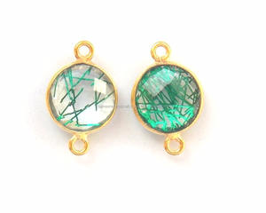 Pierre précieuse Rutile verte 24k plaqué or fait à la main 10mm forme Double caution lunette à facettes pierre de naissance connecteur Boho fabrication de bijoux - Product Image 2