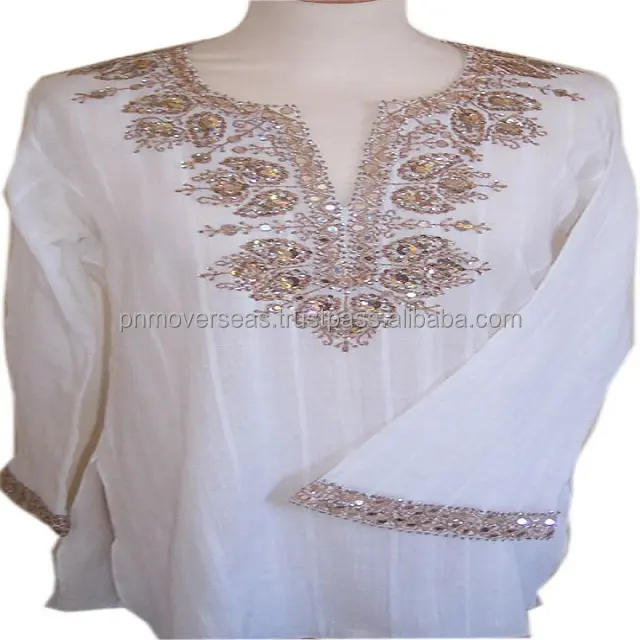 Elegante Witte Geborduurde Dames Tuniek Poly Georgette Gouden Geborduurde Fancy Tuniek Voor Dames