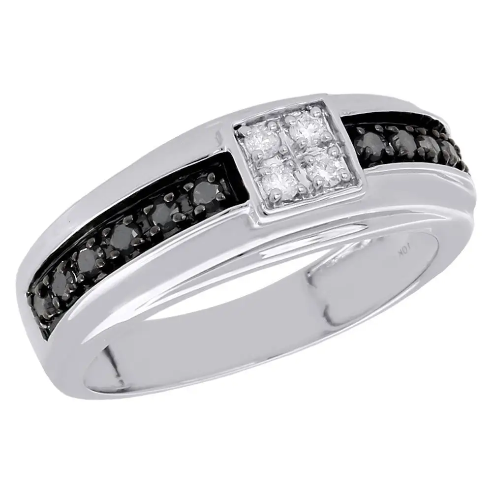 14k White Gold Mens Black Diamonds Wedding Band Square Engagement Ring 0.32 Carat