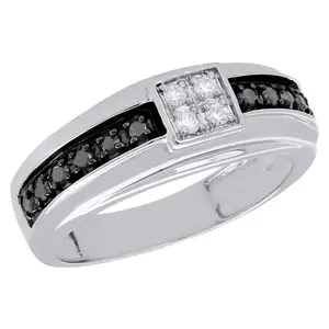 14 18k White Gold Mens Black Diamonds Wedding Band Square Engagement Ring 0.32 Carat