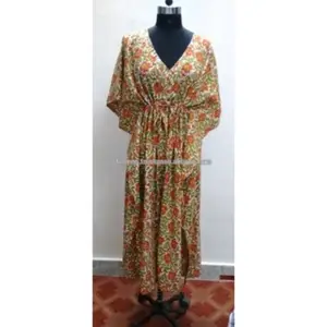 棉块印刷花长长的长衫设计师宽松连衣裙Abaya批发商