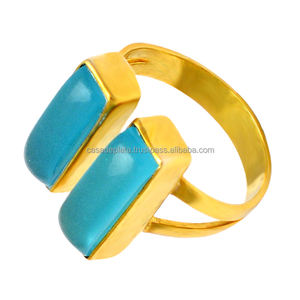 Baguette Cab Aqua Calcedony Gemstone Ring Bague en argent sterling 925 avec lunette plaquée or Setting Bague à la mode pour les femmes. - Product Image 3