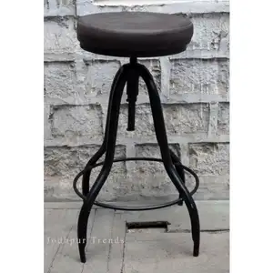 Industrial & Vintage cast iron metal singer design tall Bar stool with round leather seat