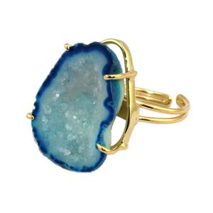Más elegante colección azul natural geode druzy anillo de piedras preciosas de Latón chapado en oro punta anillo, anillo ajustable - Product Image 1
