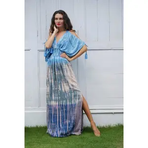 Exclusive summer women's new design cold shoulder with tassels smoking waist hippie tie dye print resort wear long maxi dress